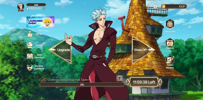 A screenshot from a Seven Deadly Sins mobile game featuring the character Ban standing in front of the Boar Hat Tavern, with menu options like 'Upgrade' and 'Show Off' and an '11:59:38 Left' timer.