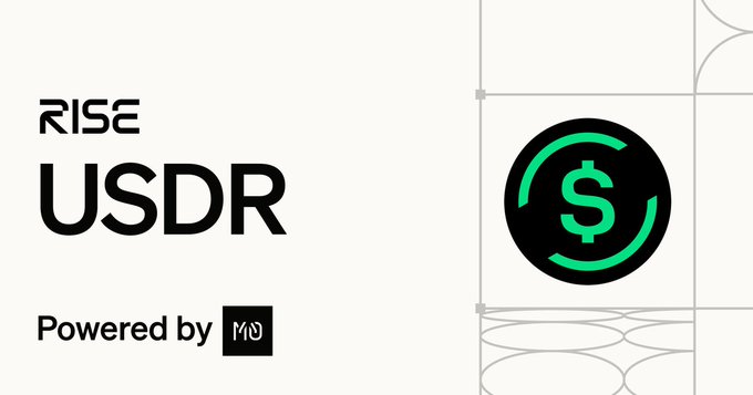 The image displays a promotional graphic featuring the "RISE USDR" branding alongside a green dollar sign icon within a black circle, with the text "Powered by M0" at the bottom. The graphic visually announces the launch of USDR, Rise Chain's native stablecoin built on the M0 platform, as indicated by the accompanying caption.