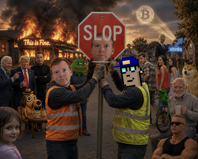 A chaotic meme collage featuring a 'SLOP' stop sign held by workers, surrounded by internet meme figures including a burning house labeled 'This is Fine,' various politicians, Pepe the Frog, Doge, Bitcoin logo, 'stonks' arrow, and other viral characters.
