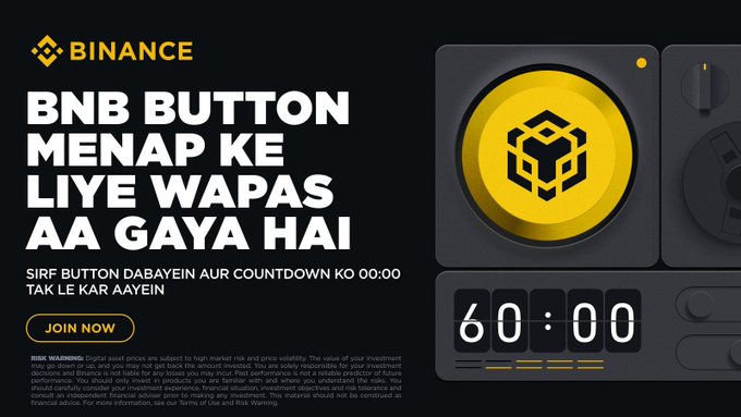 A Binance promotional banner announces a second round of the "BNB Button" giveaway with a countdown timer set to 60:00, encouraging users to click "Join Now" and featuring prominent BNB branding, aligning with the post's message about launching a second round to give everyone another chance to win.