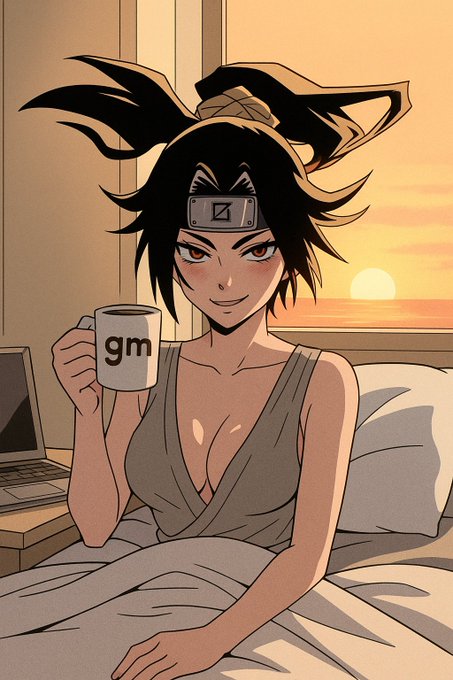 An anime-style illustration of a dark-haired woman in a low-cut gray top holding a mug labeled "gm" while sitting in bed at sunrise.