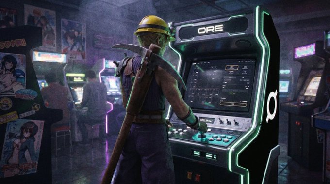 A miner in a yellow hard hat and overalls, carrying a pickaxe, stands at a glowing arcade-style machine labeled "ORE" displaying a space-themed game interface, illustrating a playful "Good Miner" moment. The neon-lit arcade setting, featuring Japanese-style artwork and other gaming cabinets, ties into the post's greeting by framing crypto mining as a fun, rewarding pursuit.