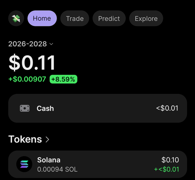 A mobile crypto portfolio app screenshot showing a total balance of $0.11 with a +$0.00907 (+8.59%) gain, including Cash (<$0.01) and Solana tokens (0.00094 SOL, $0.10), with navigation tabs for Home, Trade, Predict, and Explore.