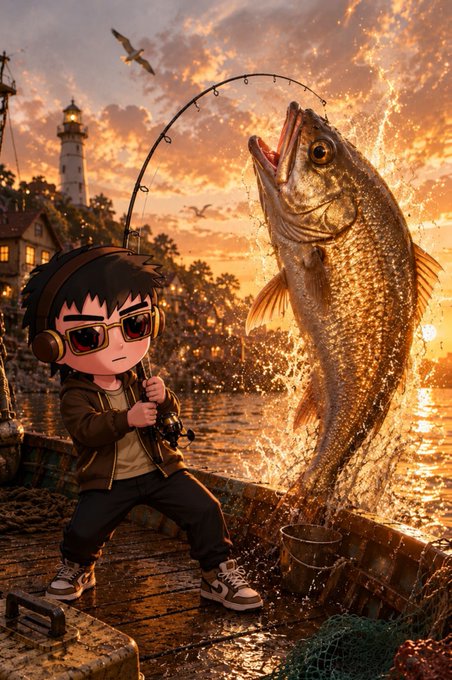 An anime-style chibi character with sunglasses and headphones fishing and reeling in a massive fish during a golden sunset at a coastal pier with a lighthouse in the background.