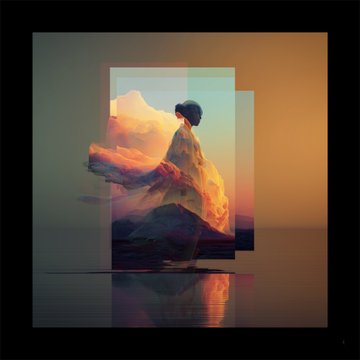 The image features a woman wearing a white dress, standing near water with her hair blowing in the wind. The background of the photo has a gradient effect that transitions from yellow at the top to orange at the bottom. There are two other people present in the scene, one on the left side and another person further back on the right side. The image also contains text elements such as "Secondary sales on objkt!" and "@HindAbuelgasim" along with a reference to @walasavagephoto.
