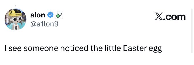 The image shows a tweet from user "alon" (@a1lon9) with a verified checkmark and a green icon, reading "I see someone noticed the little Easter egg." The tweet appears to be cryptically acknowledging a discovery of hidden clues, connecting to the post's narrative about an elaborate Easter egg story involving a mysterious monkey character on the Pump Fun picture.