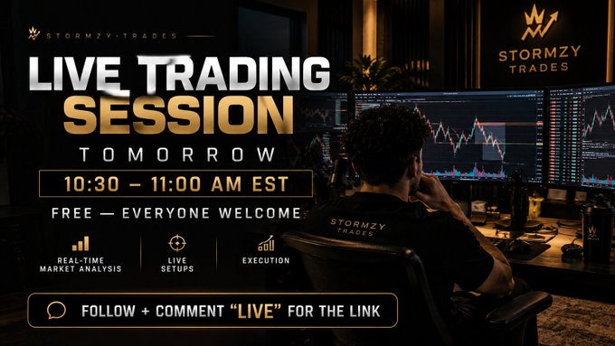 Promotional graphic from "Stormzy Trades" advertising a free live trading session tomorrow from 10:30–11:00 AM EST, featuring real-time market analysis, live setups, and execution, with instructions to follow and comment "LIVE" for the link. The background shows a trader at a multi-monitor setup displaying live charts, visually reinforcing the post's emphasis on transparent, real-time trading.