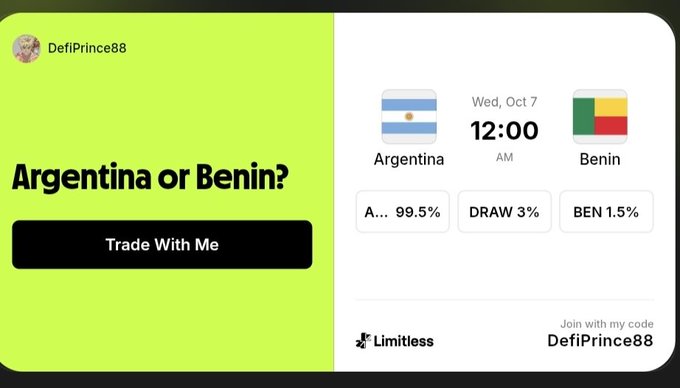 A promotional graphic for prediction market platform Limitless, asking 'Argentina or Benin?' with Argentina at 99.5%, a draw at 3%, and Benin at 1.5%, featuring the user 'DefiPrince88' and a join code.