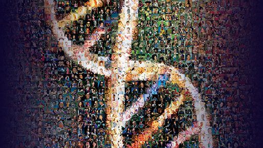 A photo mosaic composed of many small images forming a larger abstract design with warm yellow and orange tones.
