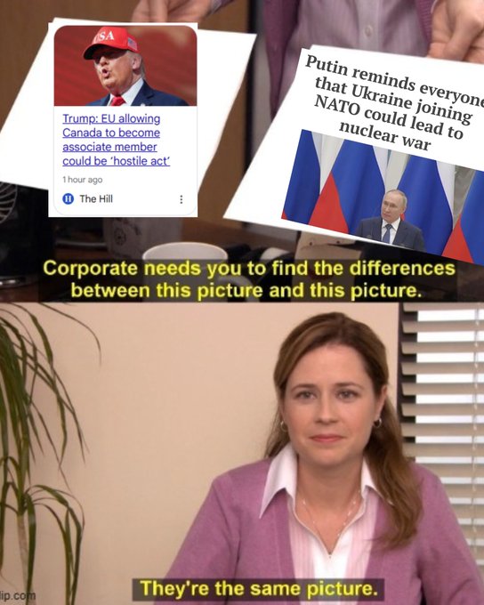 A meme features news headlines about Trump and Putin above an image of Pam from The Office saying 'Corporate needs you to find the differences between this picture and this picture,' followed by 'They're the same picture.'