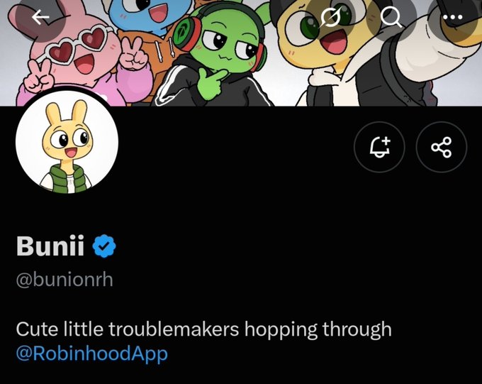 A social media profile for 'Bunii' (@bunionrh) with a verified checkmark, showing cartoon characters and the bio 'Cute little troublemakers hopping through @RobinhoodApp'.
