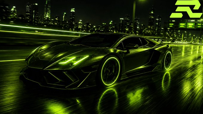 A black sports car drives on a wet road at night, illuminated by green neon lights, with a city skyline in the background and a green 'R' logo in the corner.