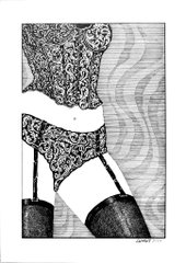 A black and white artistic illustration of a woman's lower torso and thighs wearing patterned lingerie and thigh-high stockings.