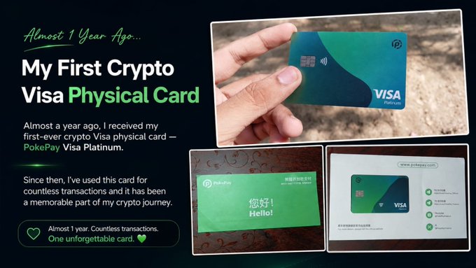 A promotional graphic titled 'Almost 1 Year Ago... My First Crypto Visa Physical Card' showcasing a PokePay Visa Platinum card and its packaging.