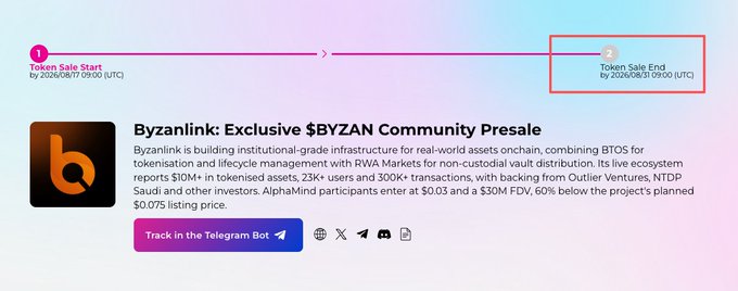 A promotional graphic for 'Byzanlink: Exclusive $BYZAN Community Presale' showing Token Sale dates from 2026/08/17 to 2026/08/31, with a token entry price of $0.03 and $30M FDV.