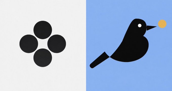 The image features a black bird sitting on top of a blue square, which has a white circle at its center. The bird appears to be eating something off of a yellow object. The background color of the image is blue with a white border. There are four circles in total, two of them being black and two of them being white.