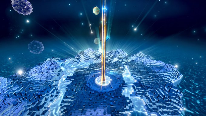 A digital fantasy artwork depicting a futuristic blocky/voxel cityscape with a glowing blue and orange beam of light shooting up from a central tower into a starry night sky.