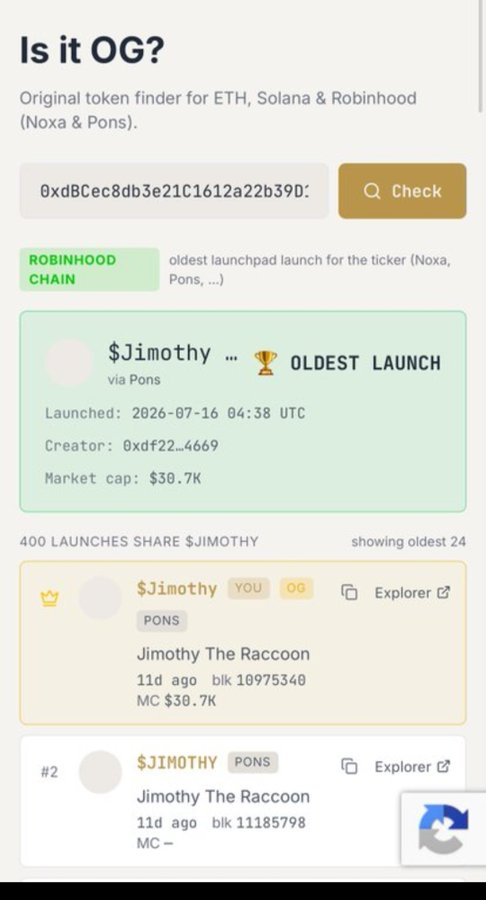 A screenshot of the "Is it OG?" token finder shows that the original $JIMOTHY was launched on Robinhood Chain via Pons on July 16, 2026, making it the "OLDEST LAUNCH" with 400 shares of the ticker, while the post highlights this as a better entry point than Solana.