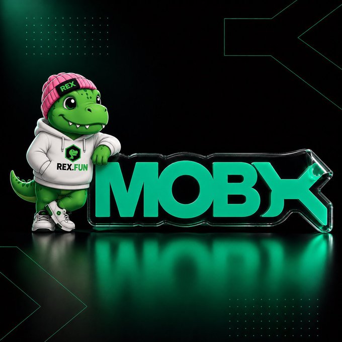 A 3D-rendered green dinosaur mascot wearing a pink beanie labeled 'REX' and a white 'REX.FUN' hoodie stands next to a glowing green 'MOBX' logo.
