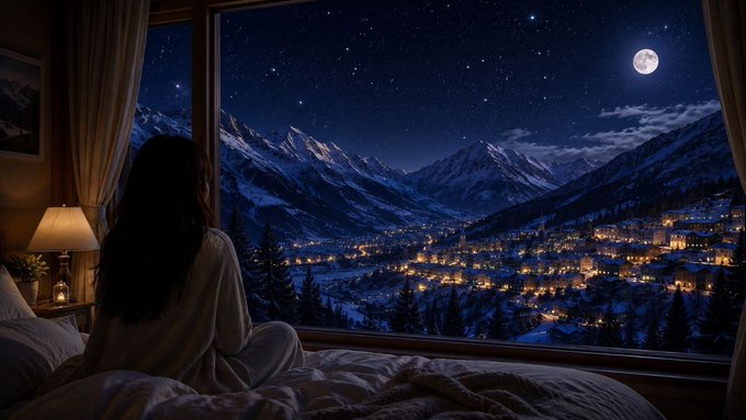 A scenic nighttime view of a woman with dark hair looking out a window at snow-capped mountains and a valley lit up by town lights under a full moon.