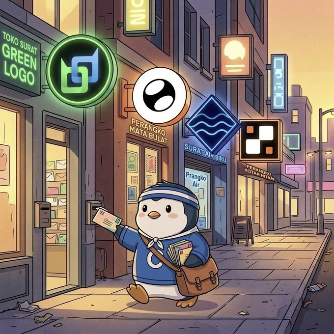 An illustrated scene of a city street at sunset featuring an anthropomorphic penguin wearing a blue outfit and carrying a satchel, surrounded by neon signs with text including "TOKO SURAT GREEN LOGO," "PERANGKO MATA BULAT," and "SURAT AIR BIRU."