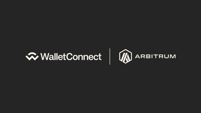 The image displays the logos of WalletConnect and Arbitrum side by side on a black background, visually representing the partnership highlighted in the post about WalletConnect helping make the Arbitrum platform accessible as a settlement layer for institutions.