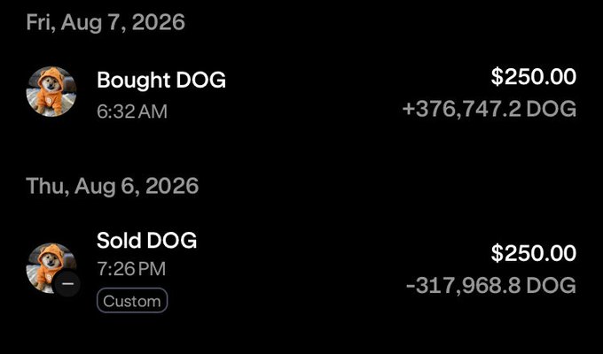 A cryptocurrency transaction history screen on dark background showing a DOG coin purchase on Fri, Aug 7, 2026 at 6:32 AM for $250.00 (+376,747.2 DOG) and a sale on Thu, Aug 6, 2026 at 7:26 PM for $250.00 (-317,968.8 DOG).