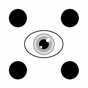 A minimalist design featuring a stylized gray eye in the center surrounded by four solid black circles arranged at the corners on a white background.