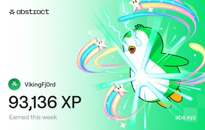 An Abstract weekly XP card for user 'VikingFj0rd' showing 93,136 XP earned this week, featuring an angry penguin character with rainbow effects.