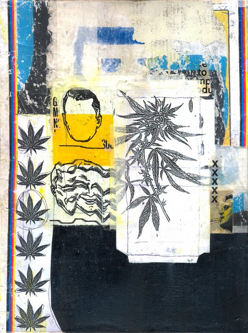 Mixed media artwork featuring cannabis leaf illustrations, a portrait outline, a classical bust drawing, and collage elements in blue, yellow, and black tones.
