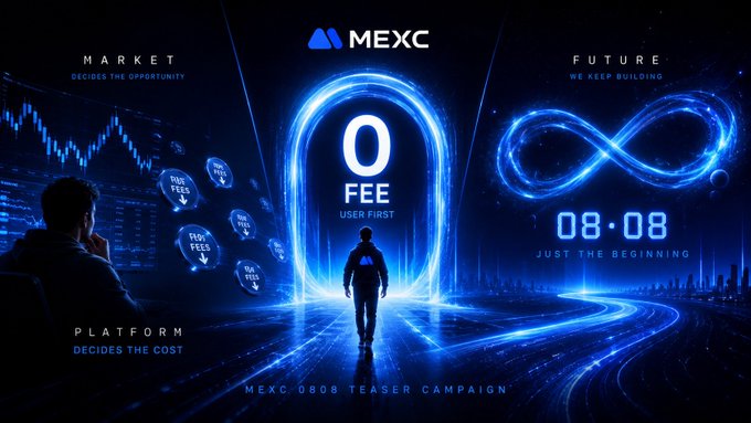 A promotional banner for MEXC cryptocurrency exchange advertising '0 FEE' trading, 'MEXC 0808 TEASER CAMPAIGN', featuring a figure walking through a glowing blue portal with 'MARKET DECIDES THE OPPORTUNITY' and 'PLATFORM DECIDES THE COST' text.