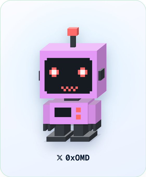A cute purple 3D pixel-art robot illustration with red eyes and an antenna, labeled 'X 0xOMD' on a light green background.