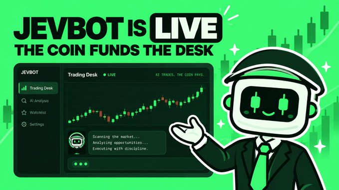 A promotional graphic for 'JEVBOT' announcing it is live, featuring a green-themed trading desk interface and a robot mascot in a suit.