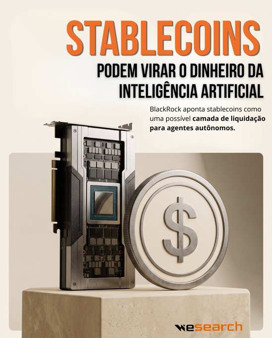 Promotional graphic reading 'STABLECOINS PODEM VIRAR O DINHEIRO DA INTELIGÊNCIA ARTIFICIAL' (Stablecoins can become the money of artificial intelligence), showing a coin with a dollar sign next to a circuit board, from wesearch.