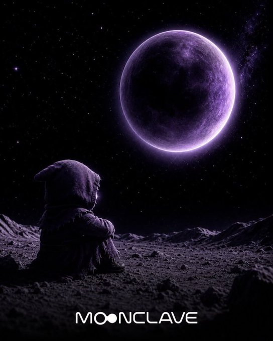 A hooded figure sits on a desolate lunar landscape gazing up at a glowing purple crescent moon against a starry sky, with the text "MOONCLAVE" displayed at the bottom, visually evoking the contemplative, moonshot ambition of building prediction markets that transcend mere speculation.