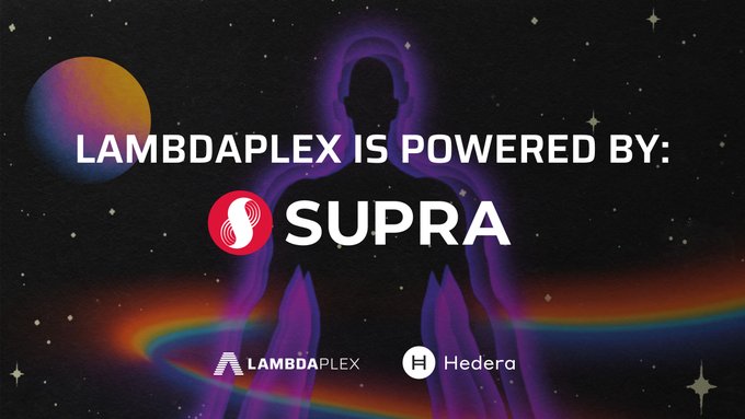 The image features a poster with a purple figure of a person standing against a black background, which has the text "Lambdaplex is powered by @SUPRA" written above them. The poster also includes a rainbow-colored line that says "Focus on what is in the image and how it relates to the post". This suggests that the poster might be promoting a product or service related to cryptocurrency trading, specifically using Lambdaplex as an example of its capabilities.