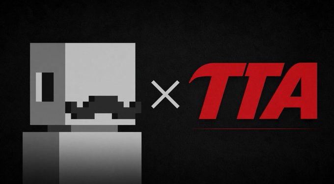 A dark banner showing a pixelated white/gray character face on the left with an X symbol, next to "× TTA" logo in red text.