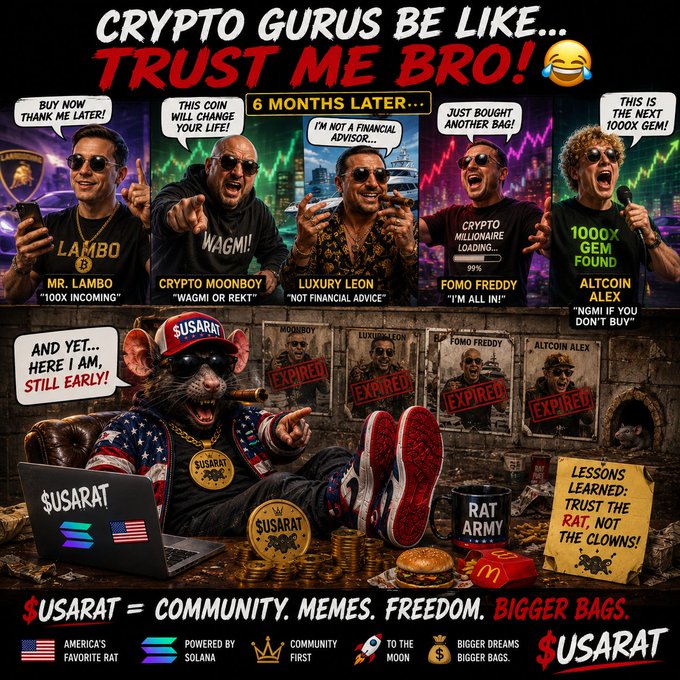 A satirical crypto meme poster titled 'CRYPTO GURUS BE LIKE...TRUST ME BRO!' featuring caricatures of crypto personalities like Mr. Lambo, Crypto Moonboy, and Luxury Leon, with $USARAT promoted at the bottom as community and memes.