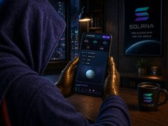 A hooded figure in a dark setting holding a smartphone displaying a digital wallet interface, with a Solana-branded screen and mug visible in the background, suggesting crypto trading activity.