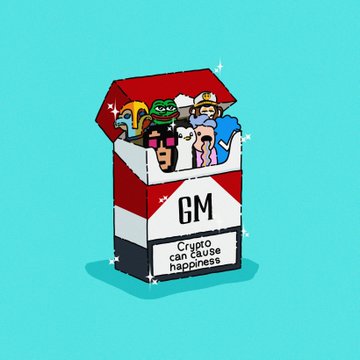 A cartoon-style illustration shows various pop culture characters—including Homer Simpson, Pepe the Frog, Patrick Star, and others—peering out from an open bag of potato chips labeled "GM - Crypto can cause happiness" against a teal background. The meme references the playful intersection of internet culture and cryptocurrency, tying into the SuperRare NFT collection mentioned in the post.