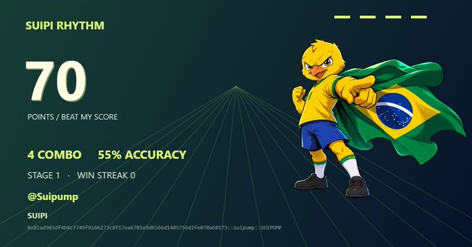 A results screen for 'SUIPI RHYTHM' showing a score of 70 POINTS with 4 COMBO at 55% ACCURACY, featuring a yellow duck character wearing a Brazilian soccer jersey and cape.