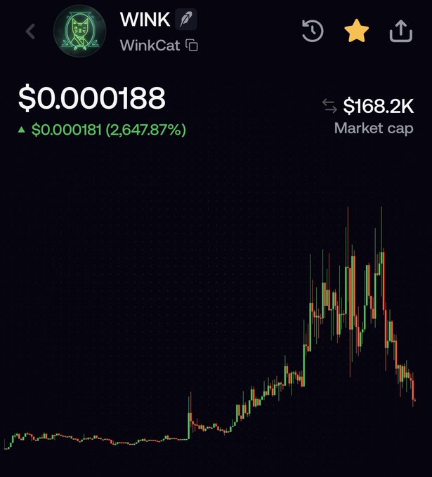 A cryptocurrency trading chart for 'WINK' (WinkCat) showing a price of $0.000188 with a 2,647.87% increase of $0.000181 and a market cap of $168.2K.