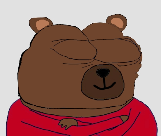 A cartoon drawing of a brown bear wearing a red shirt, covering one eye with its paw.