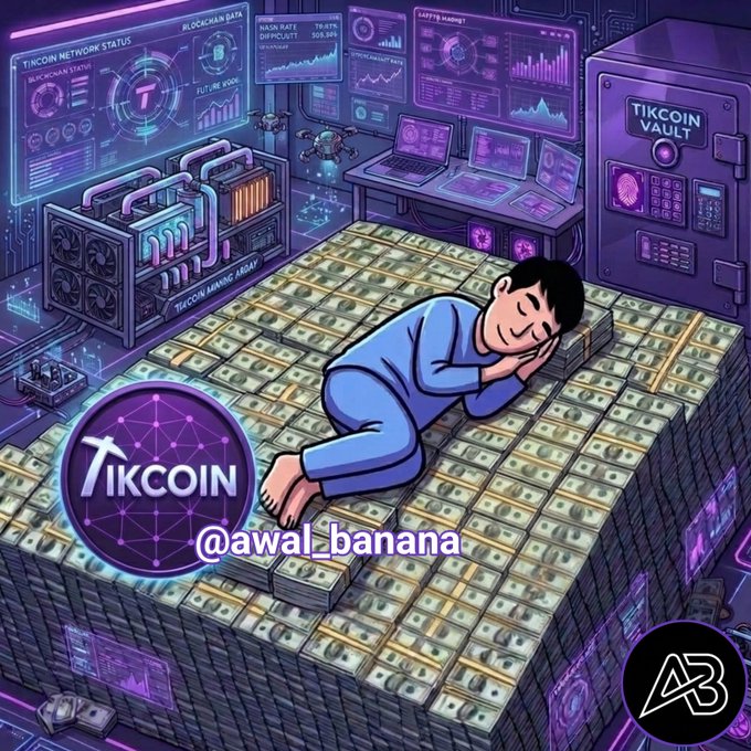 A man sleeps peacefully atop massive stacks of cash inside a high-tech "Tikcoin Vault" featuring mining arrays and network status dashboards displaying blockchain data, symbolizing the rewards earned through persistent crypto mining. The image visually reinforces the message that enduring hardship and staying active in mining ultimately leads to accumulating substantial wealth for those who persevere.
