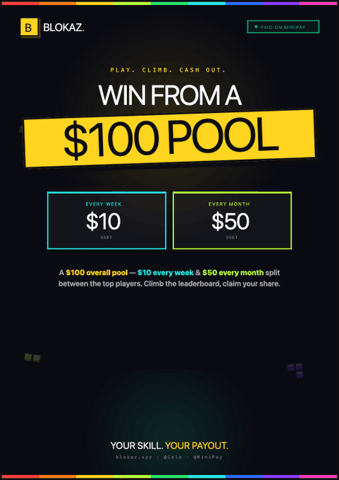 The image features a poster for a website where visitors can play a game at a pool with a prize of $100. The poster showcases two options: $10 per week (ranking #5) or $50 every month (ranking #10). The text on the banner emphasizes that the player's skill will be rewarded, with the website offering both a regular premium and a premium version to choose from. Furthermore, the email address provided is "blokaz@blokaz.com."