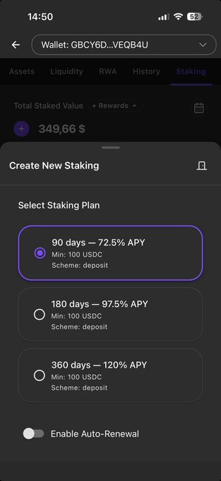 A mobile wallet interface showing staking options for USDC with plans at 90 days (72.5% APY), 180 days (97.5% APY), and 360 days (120% APY).