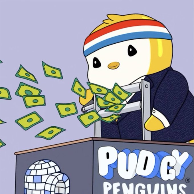 A cartoon penguin mascot wearing a red, white, and blue headband and dark jacket, holding fans of green money behind a podium labeled 'PUDGY PENGUINS' with an igloo logo.