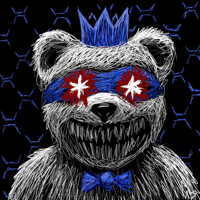 A hand-drawn, sketchy-style digital illustration depicts a menacing teddy bear known as "Mr. Unbearable," featuring a blue crown, a blue bow tie, and red starburst-patterned eyes set against a black background with blue geometric shapes. The artwork serves as the NFT collection image for the character's 24-hour auction linked in the post.
