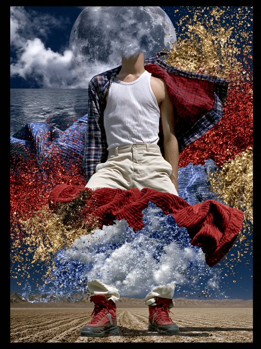 A surreal fashion collage showing a headless figure wearing a white tank top, plaid shirt, and beige shorts standing in a desert, with the moon as the head, surrounded by red and gold splashes.