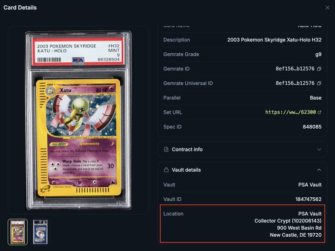 The image shows a "Card Details" screen displaying a PSA-graded 2003 Pokemon Skyridge Xatu-Holo H32 card (Mint 9 grade) housed in the PSA Vault at Collector Crypt (102006143), located at 900 West Basin Rd, New Castle, DE 19720, with Gemrate Grade g9 and Vault ID 184747562. This relates to the post by showcasing where Jupiter Gacha's physical Pokemon cards are actually stored — specifically at PSA Vault's Collector Crypt facility, addressing the question of where redeemable cards are kept.